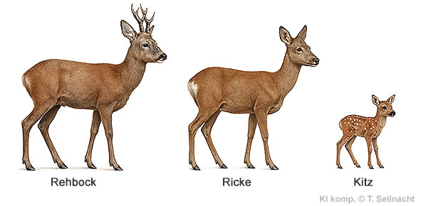 Rehbock, Ricke und Kitz im Vergleich