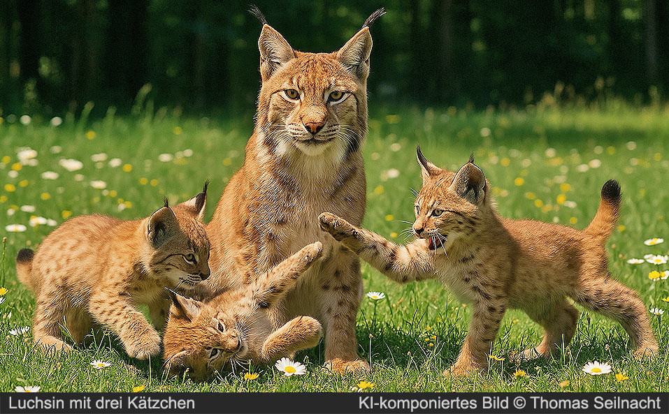 Luchsin mit drei K&auml;tzchen
