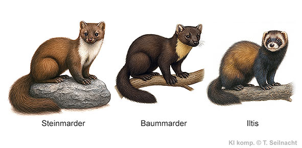Steinmarder, Baummarder, Iltis im Vergleich